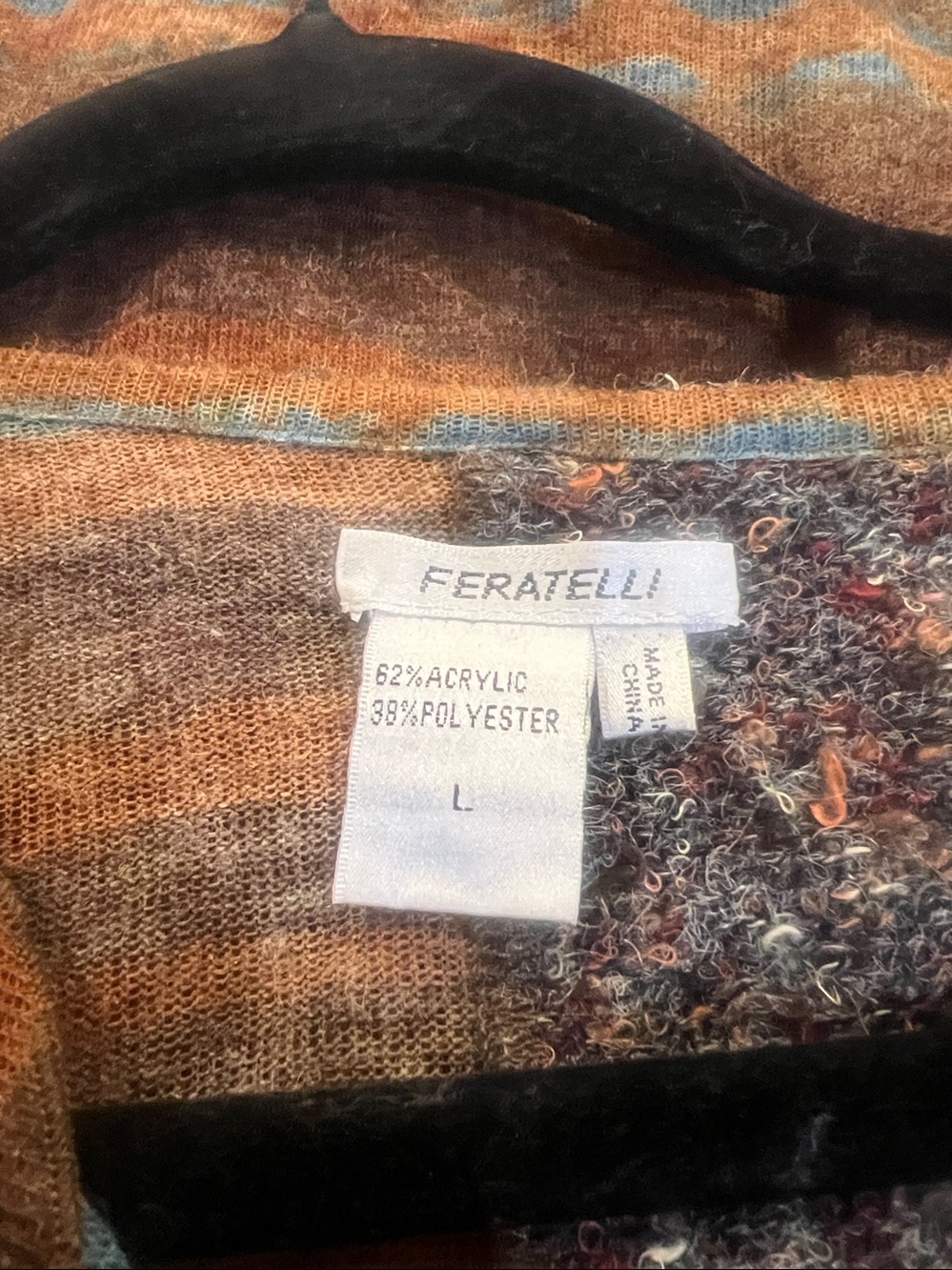 Feratelli brand Boho Patchwork Cowl Neck topBrown & Teal size large - Picture 8 of 8